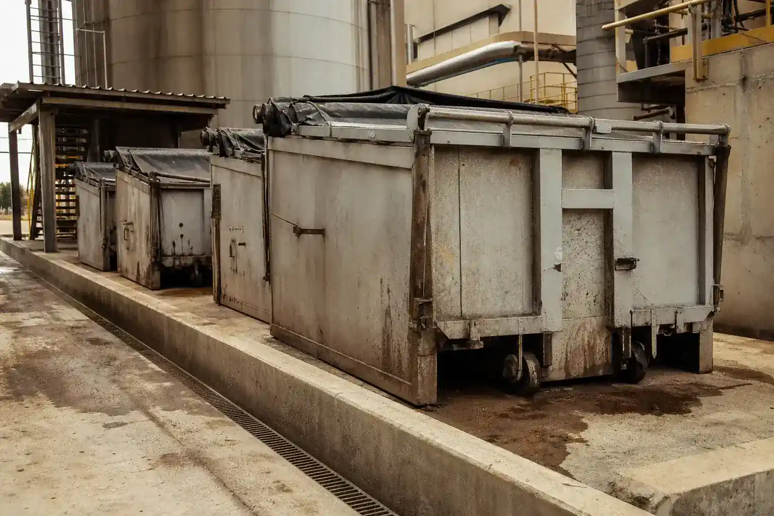 Bennes de boues de curage alignées sur une aire de rétention de site industriel