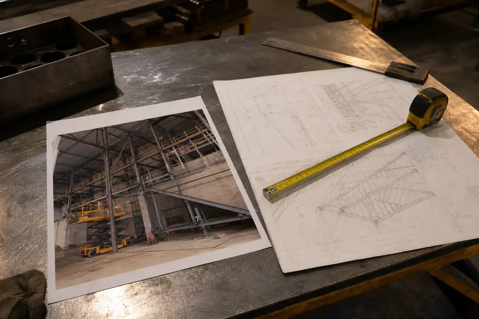 Cahier des charges imprimé posé à côté d'un plan d'atelier annoté au crayon, mètre ruban en travers