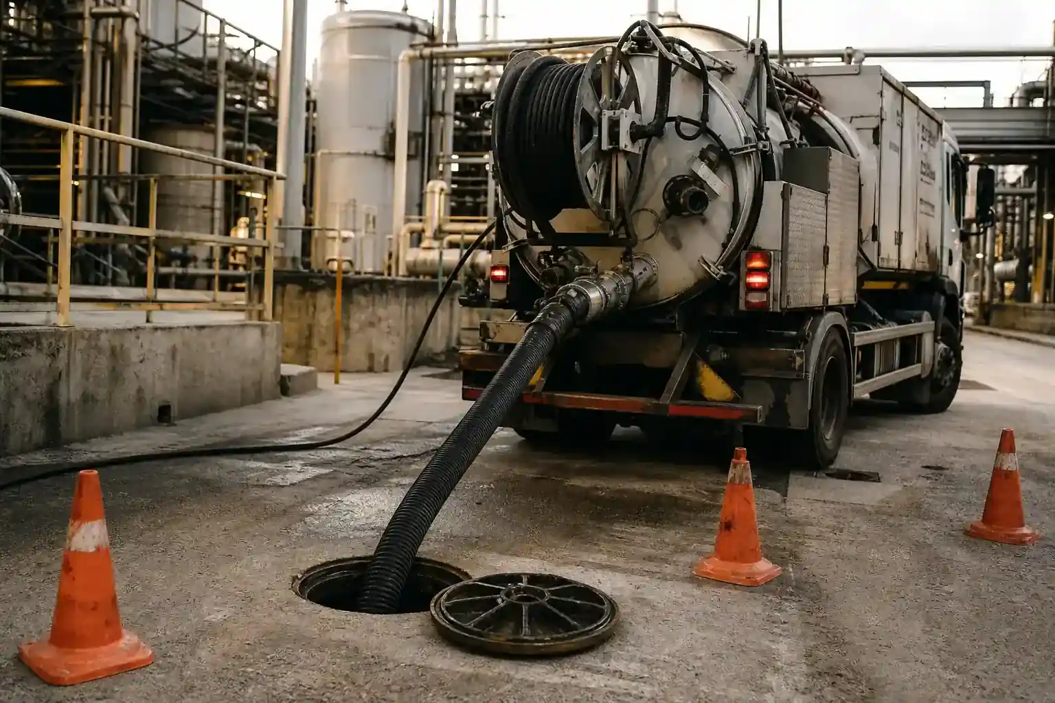 Camion hydrocureur stationné devant un regard de réseau ouvert, flexible déroulé sur le sol