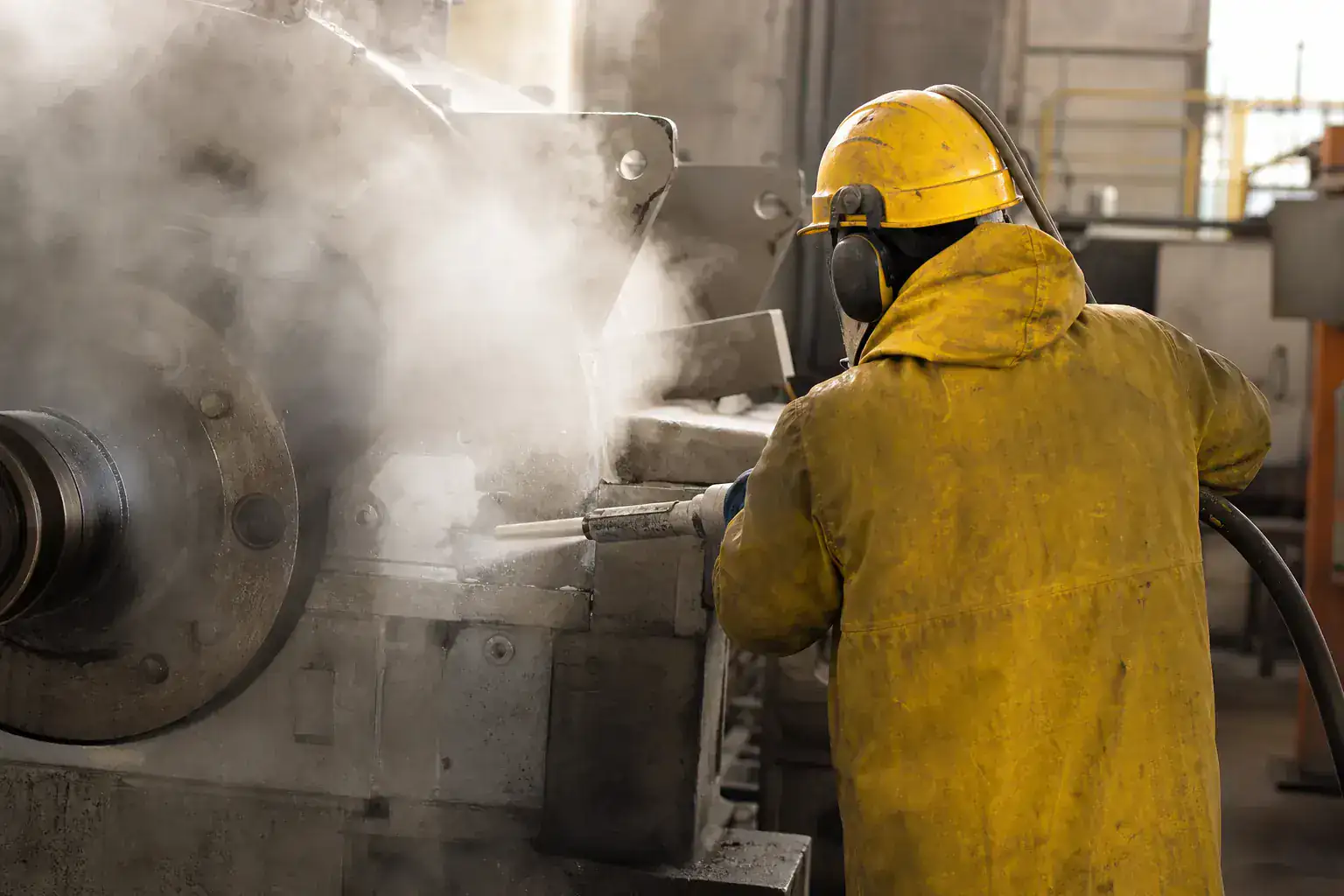 Nettoyage cryogénique en cours sur un bâti de machine, panache blanc de glace carbonique, opérateur en équipement de protection
