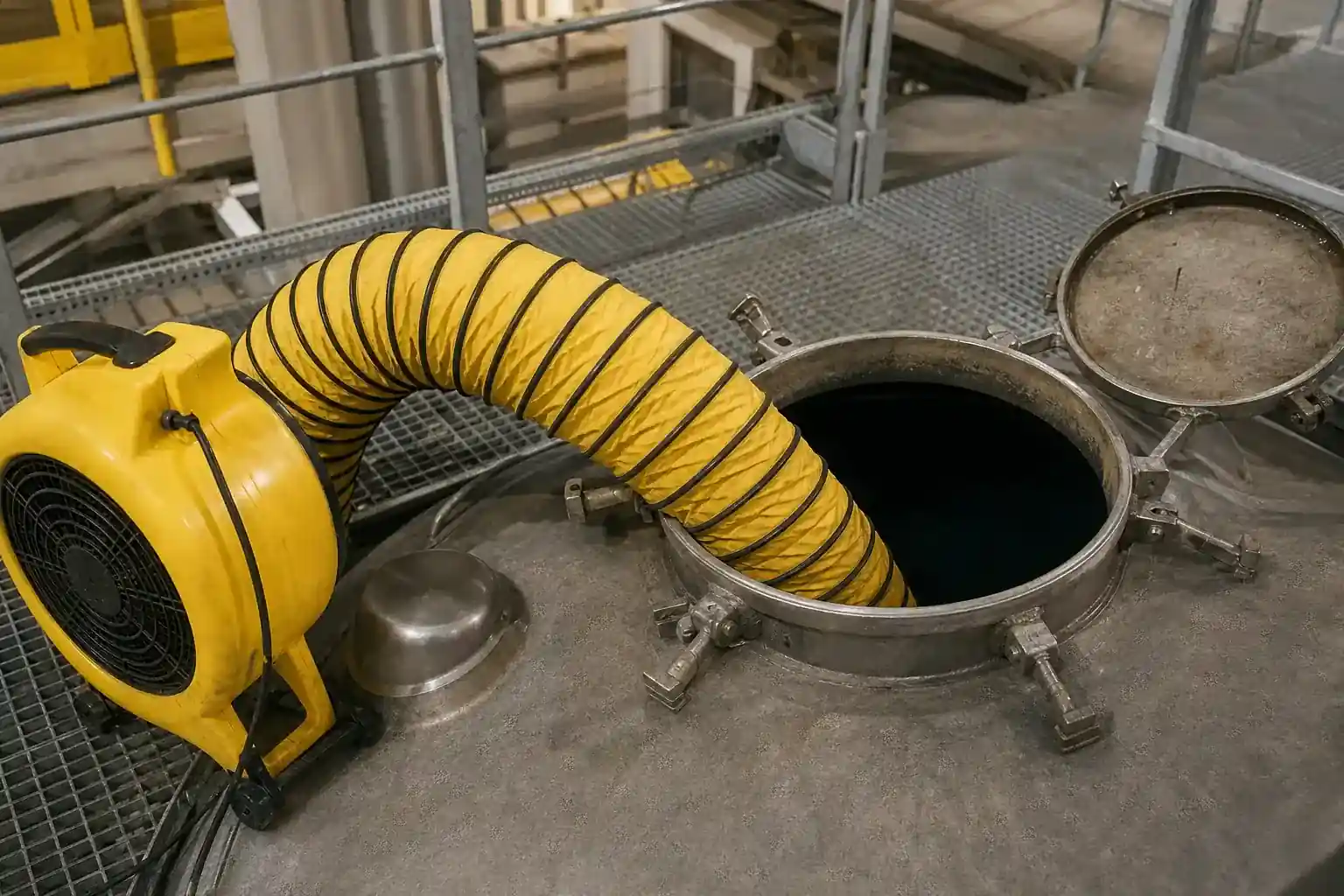 Trappe de visite d'une cuve industrielle ouverte, gaine de ventilation forcée engagée dans l'ouverture