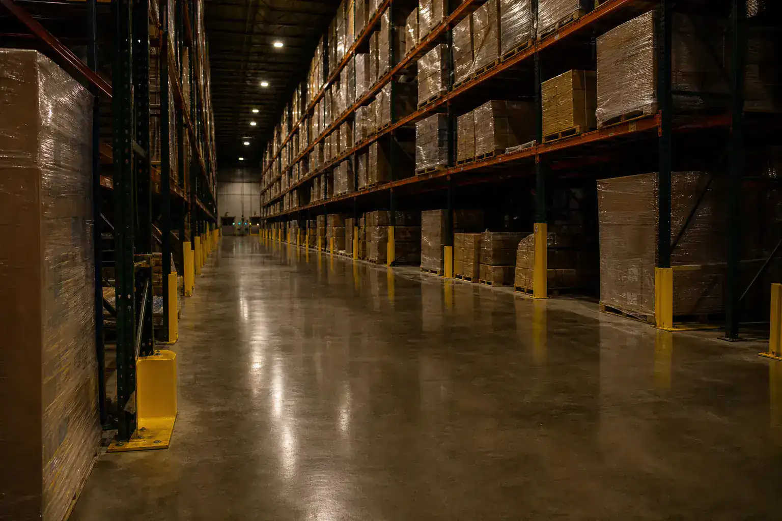 Allées d'un entrepôt logistique la nuit, racks chargés, sol lisse fraîchement lavé avec reflet