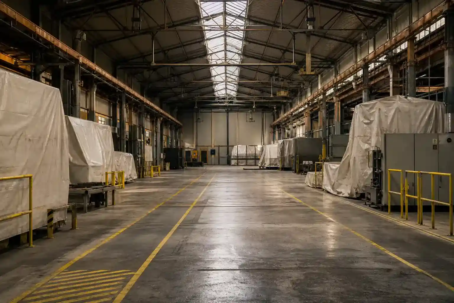 Atelier de production à l'arrêt vu en enfilade, machines bâchées, sol de béton dégagé, éclairage zénithal rasant