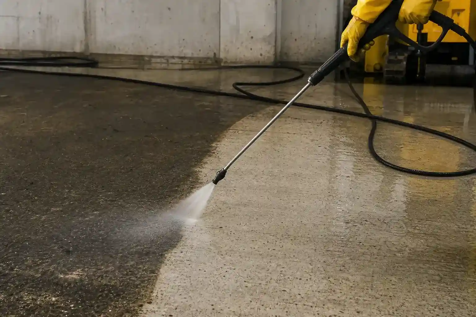 Lance haute pression en cours de passage sur une dalle de béton encrassée, limite nette entre la bande traitée et le reste
