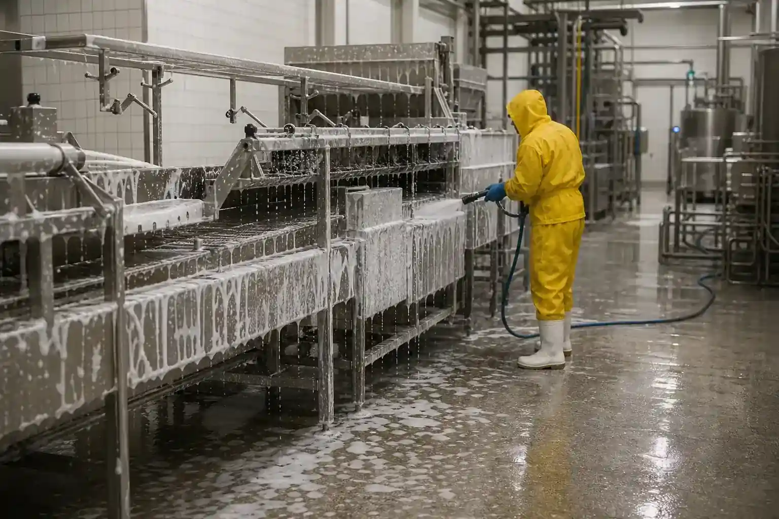 Ligne de production agroalimentaire en inox couverte de mousse de nettoyage, sol mouillé, éclairage froid