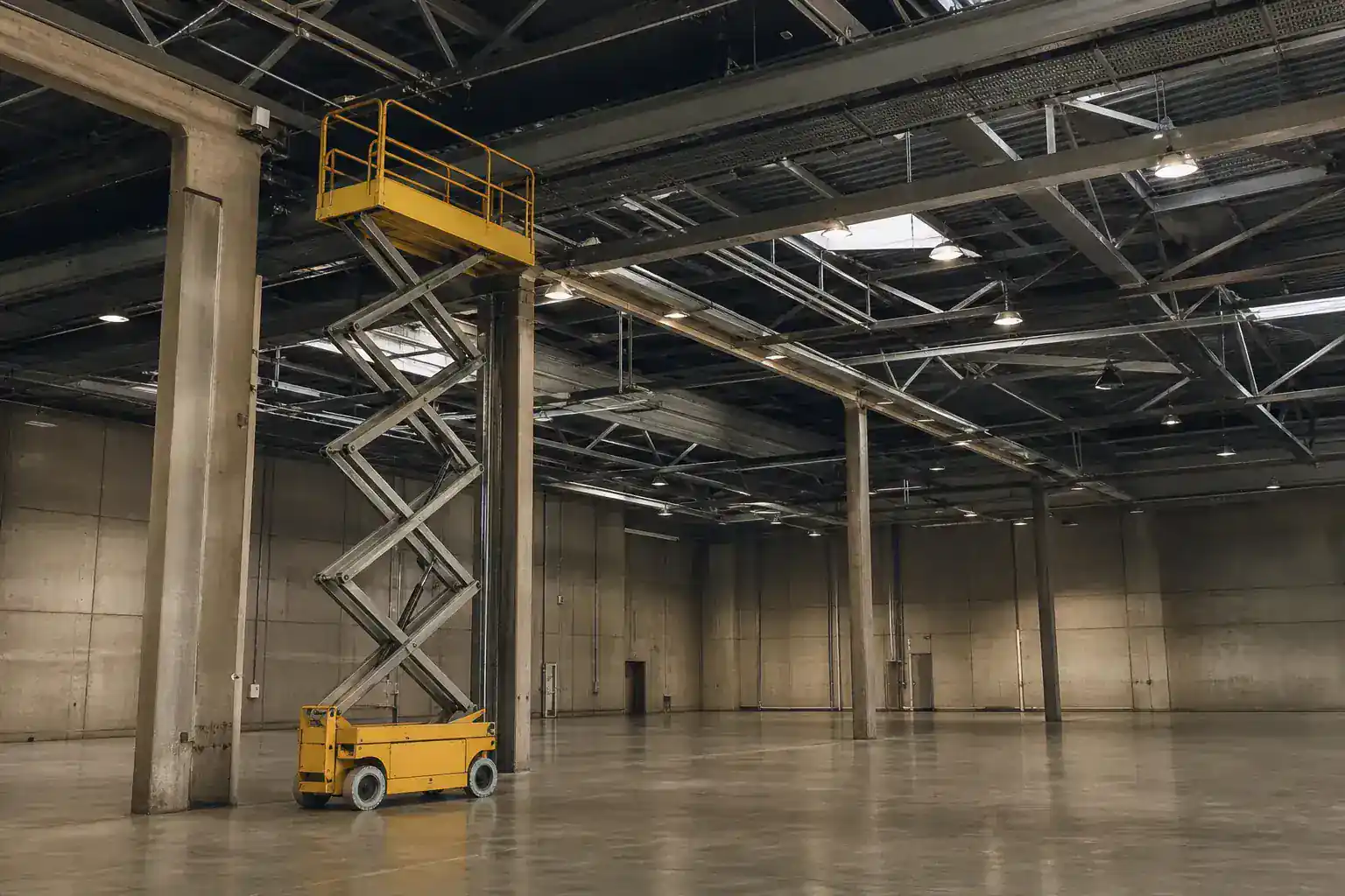 Nacelle élévatrice déployée à l'intérieur d'une halle, charpente et luminaires en hauteur