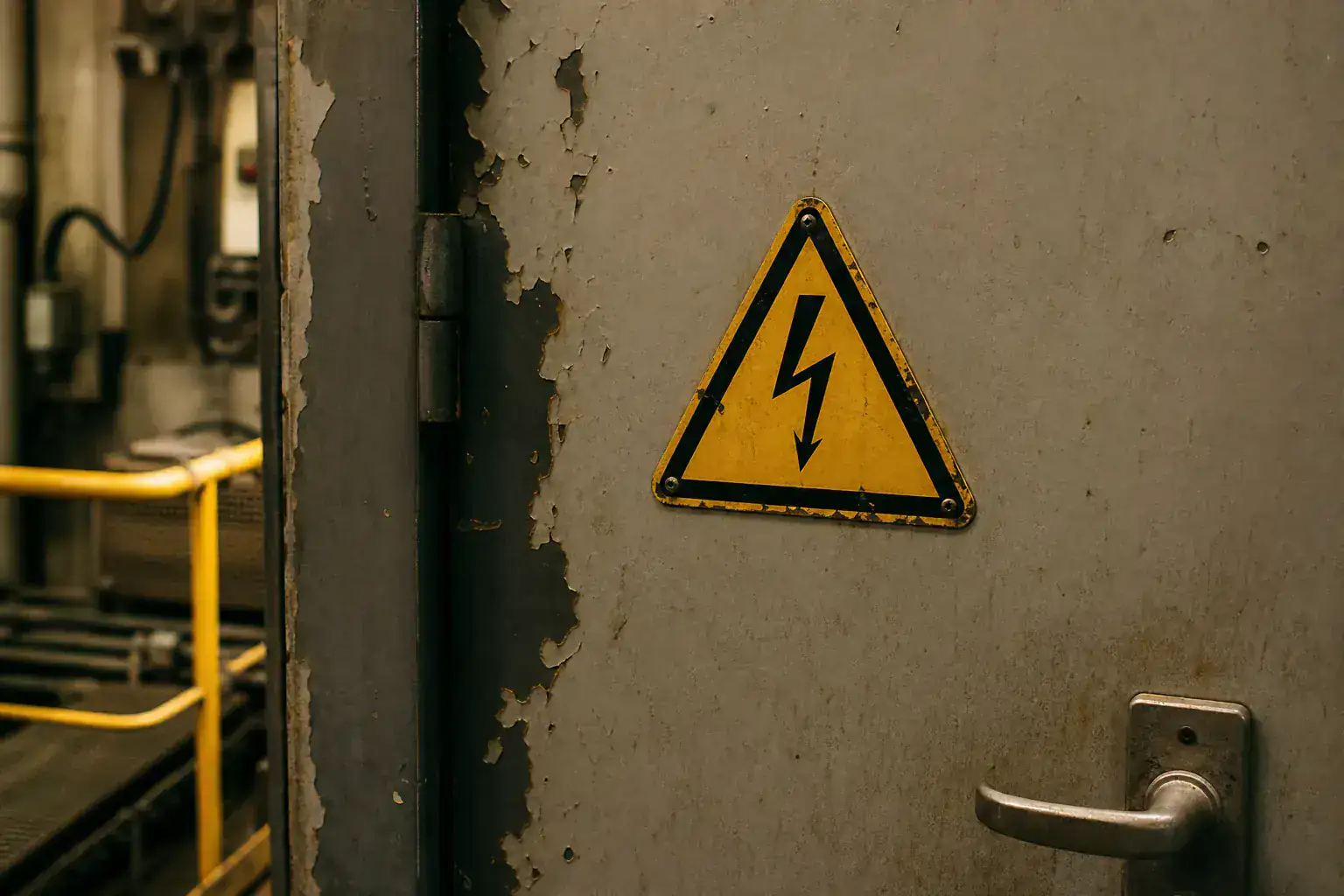 Panneau triangulaire de zone à atmosphère explosive fixé sur une porte technique d'usine