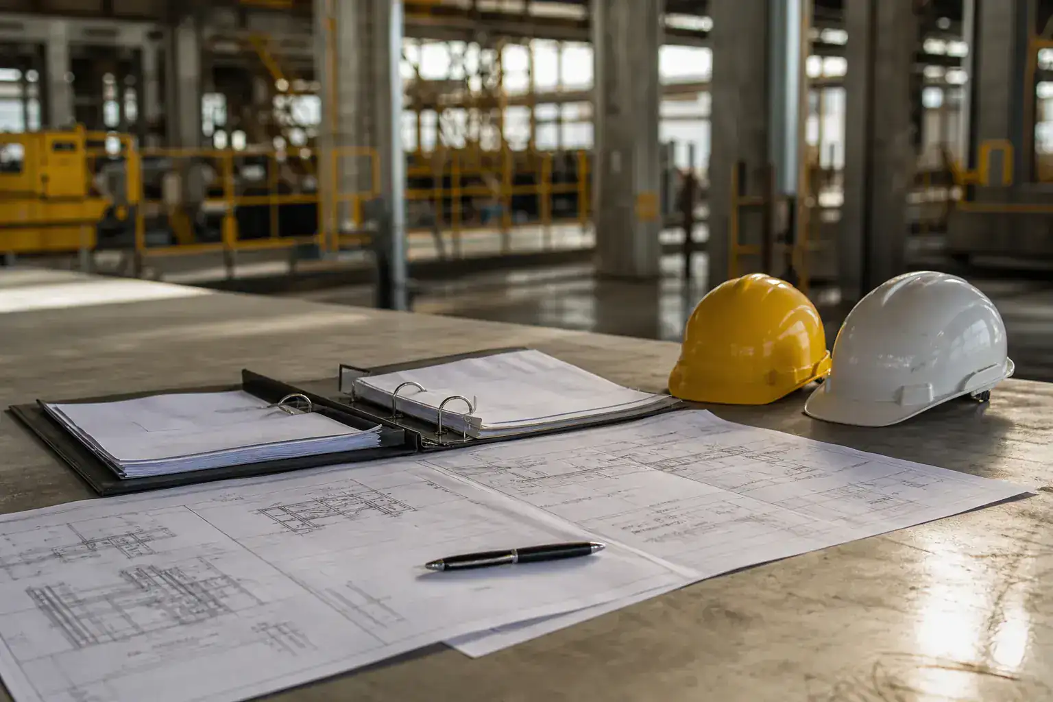 Dossier de plan de prévention ouvert sur une table de réunion de site, casques posés à côté