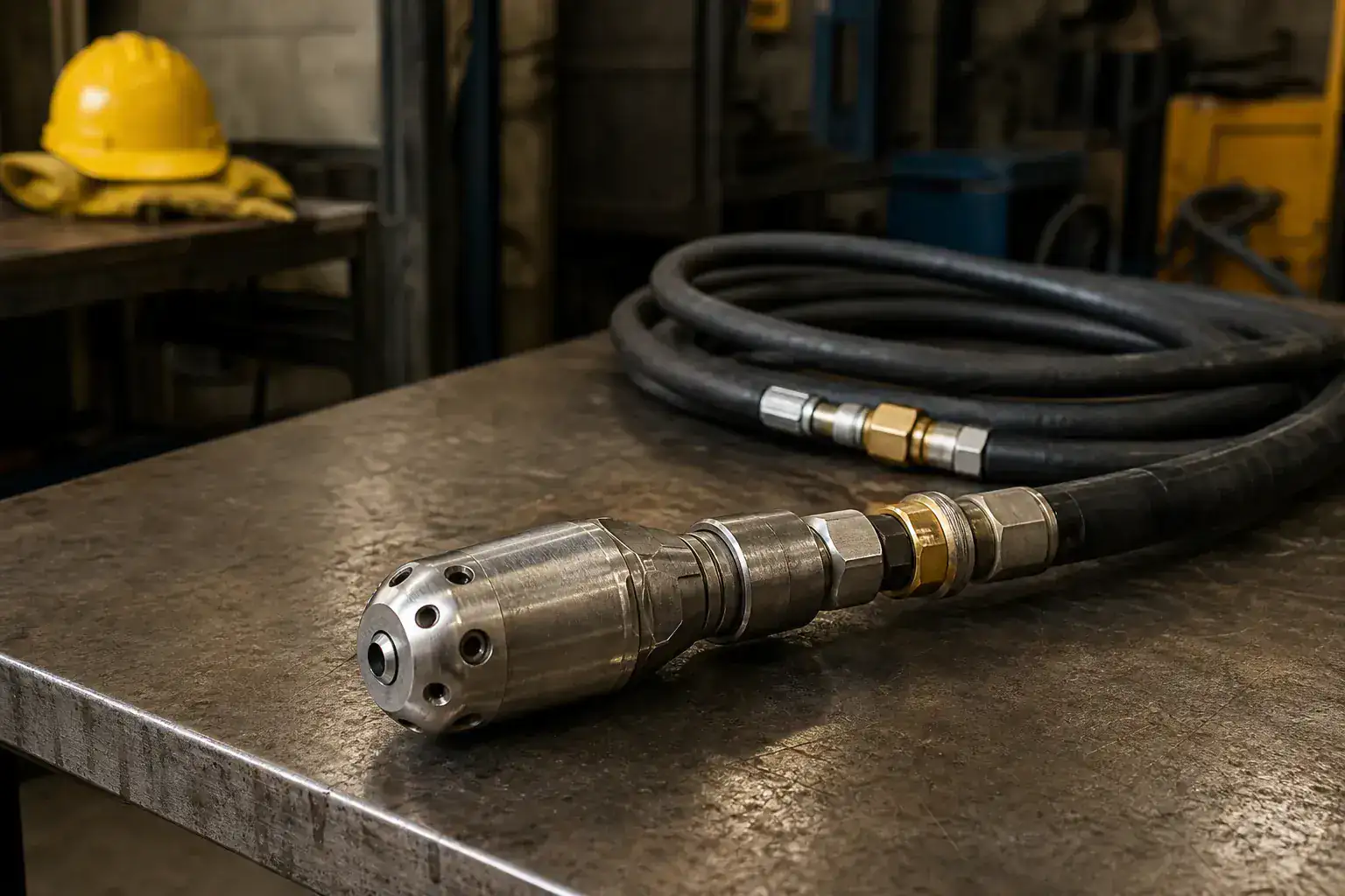 Buse rotative de très haute pression posée sur un établi métallique, flexible enroulé derrière